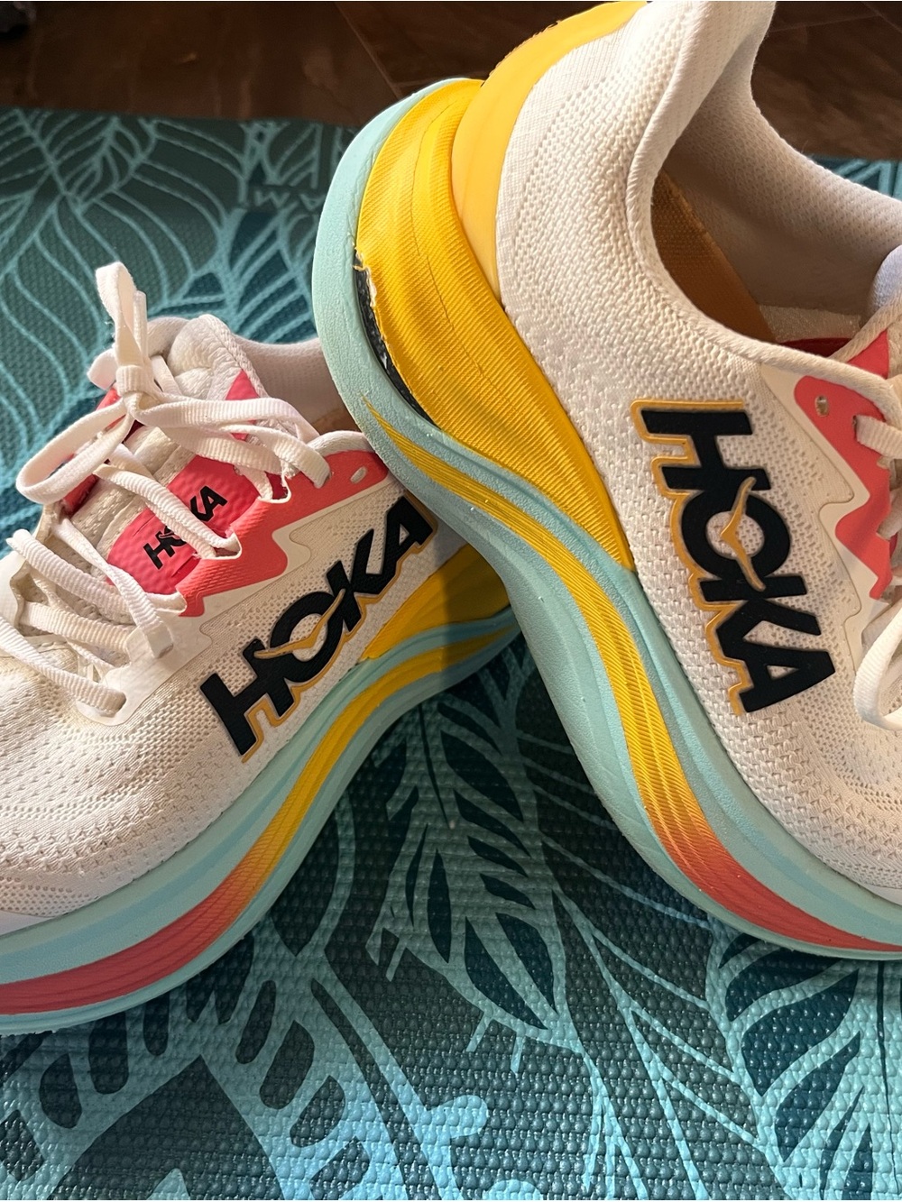 Hoka Women's Skyward X White Running Shoes with Yellow, Pink & Aqua Accents